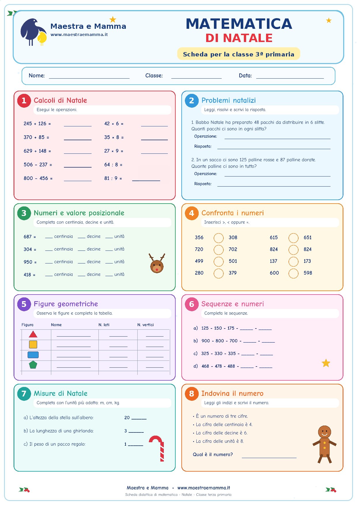 Matematica di Natale: scheda per la classe terza primaria