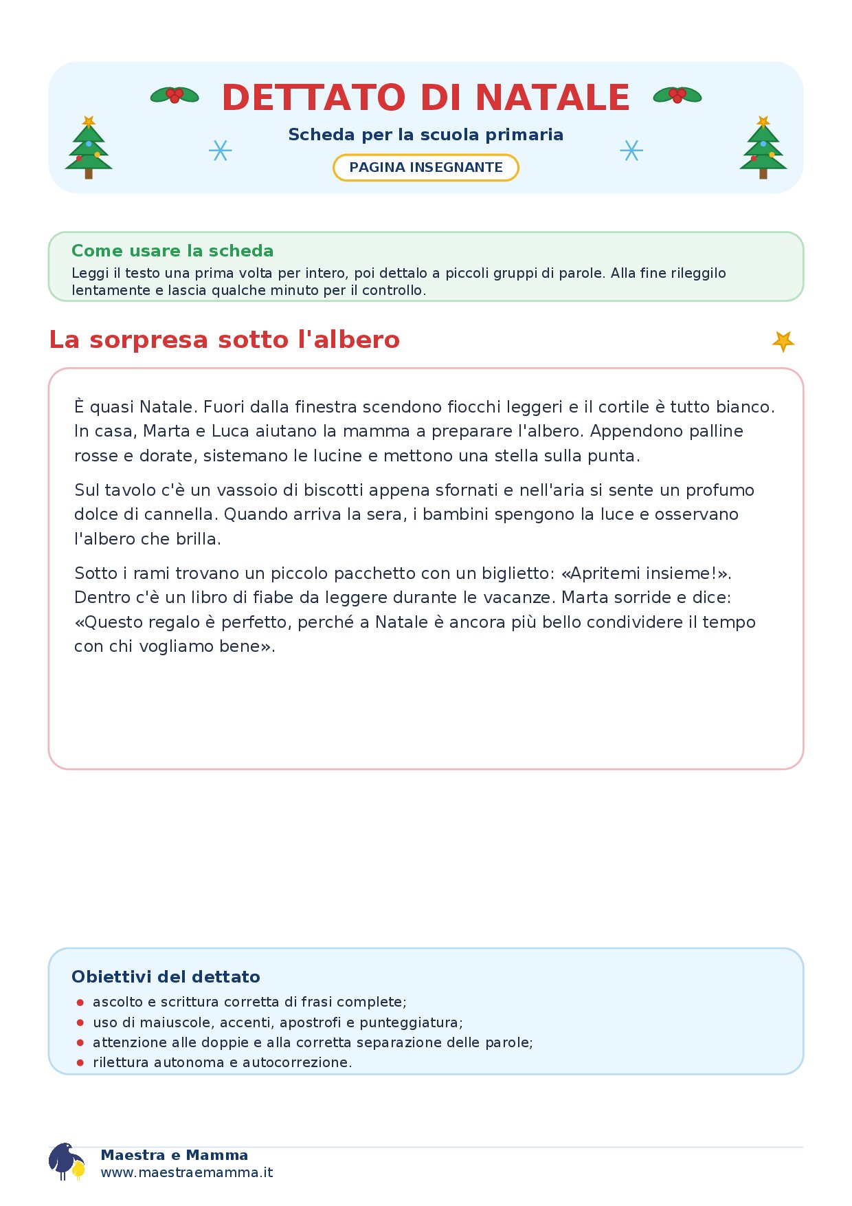 Dettato di Natale per la scuola primaria: scheda da stampare