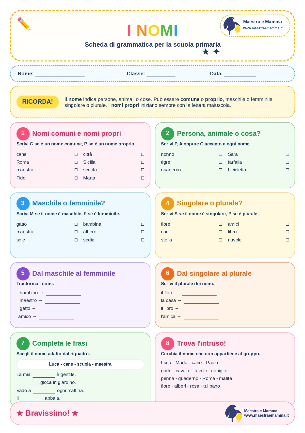 I nomi: scheda di grammatica per la scuola primaria