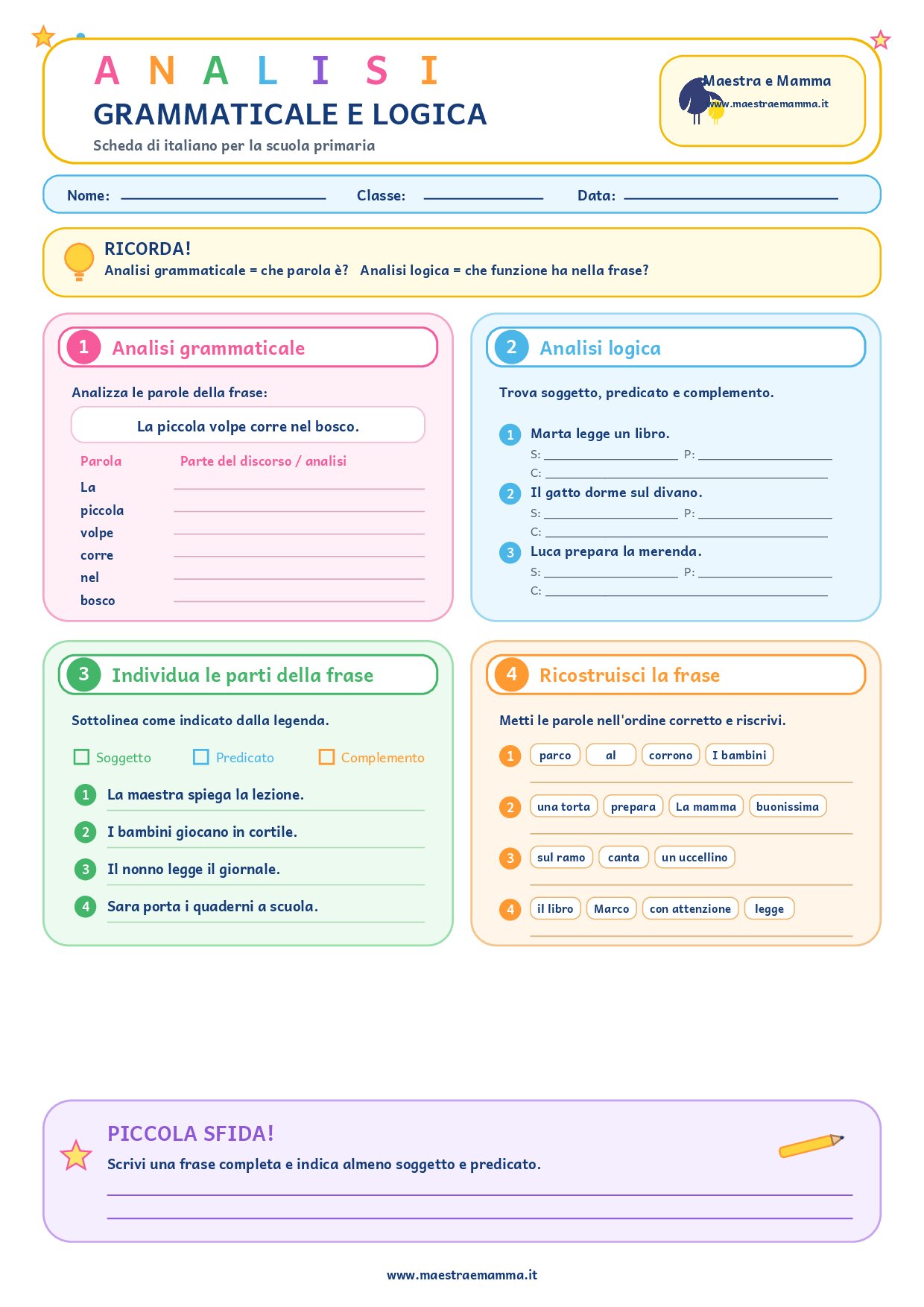 Analisi grammaticale e logica: scheda per la scuola primaria