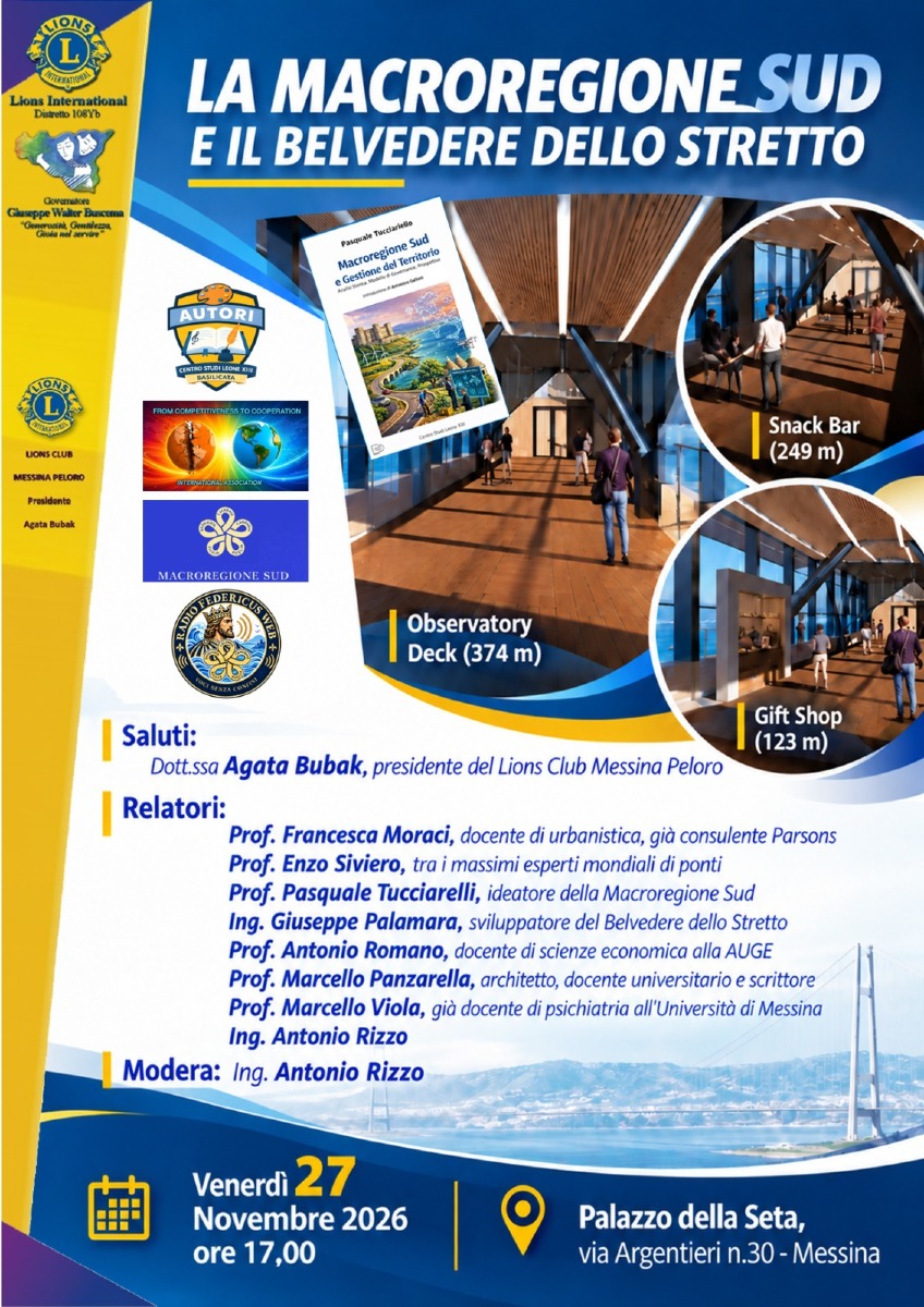 Locandina convegno de "La Macroregione Sud e il Belvedere dello Stretto"