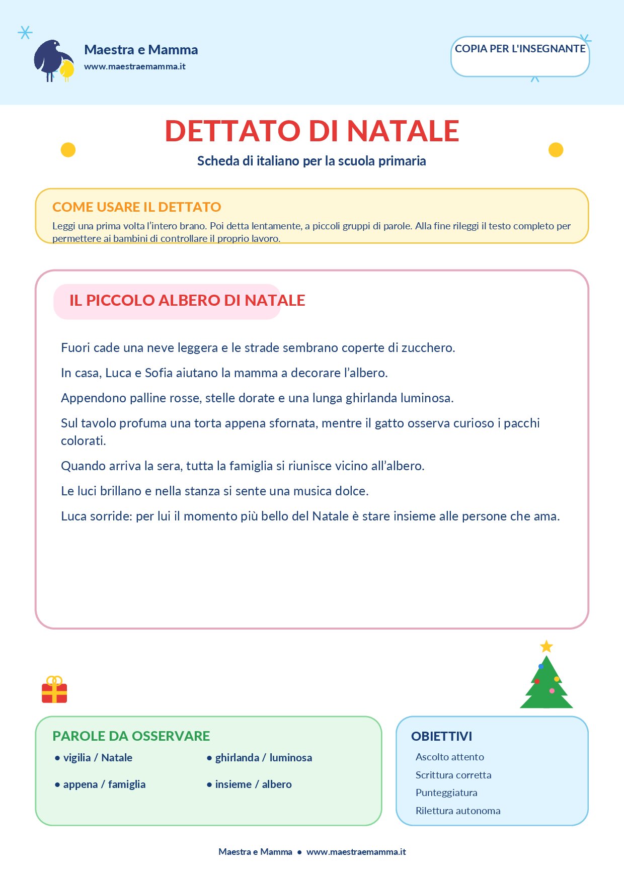 Dettato di Natale per la scuola primaria: scheda da stampare