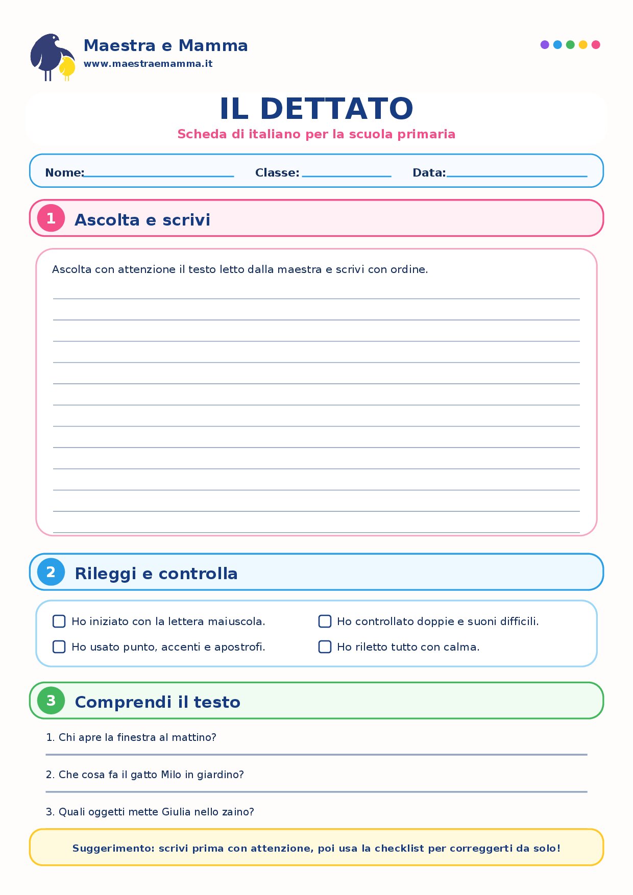 Il dettato per la scuola primaria: scheda di italiano da stampare